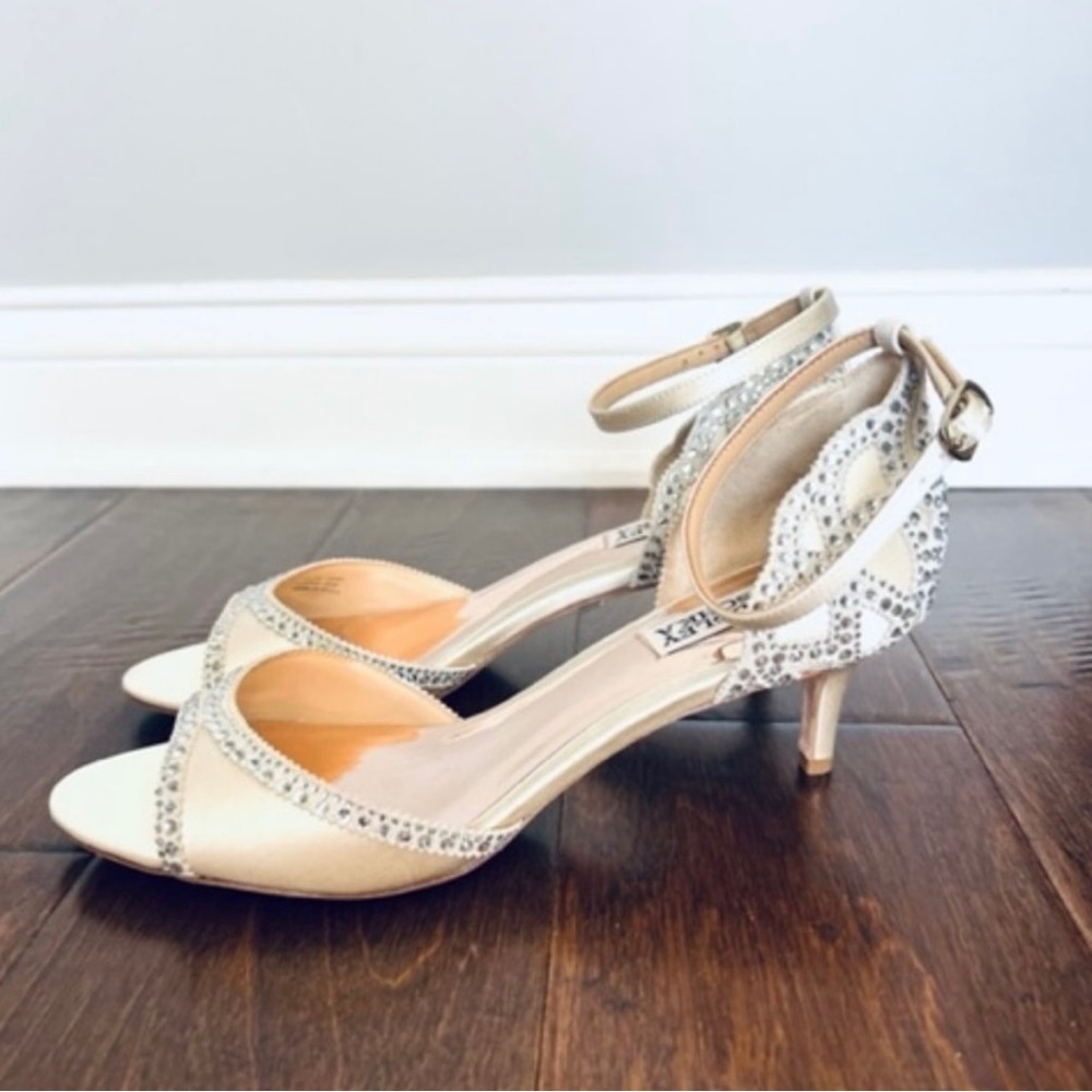 Badgley Mischka Champagne Satin Crystal Ankle-Strap Heels - Picture 2 of 5